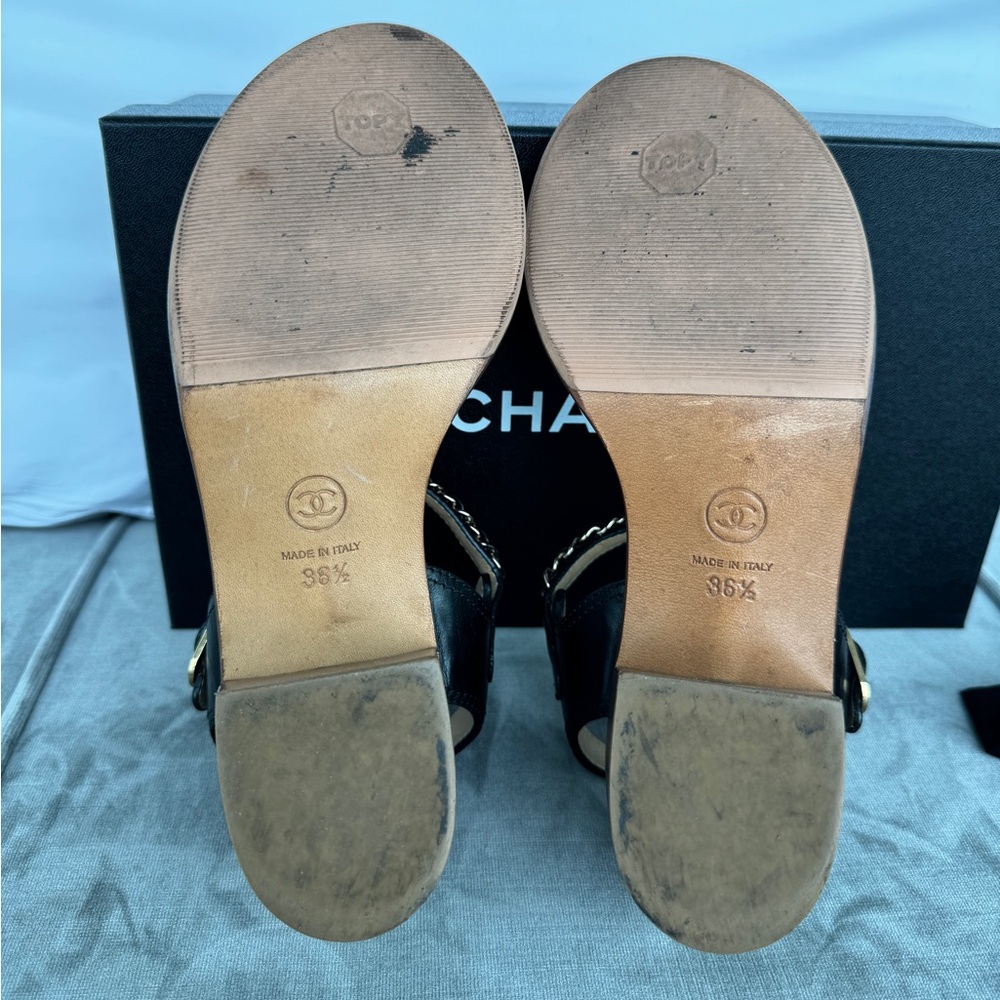 Chanel Leather Heel Sandals with Gold and Black Chain Size 36.5 - Picture 7 of 7